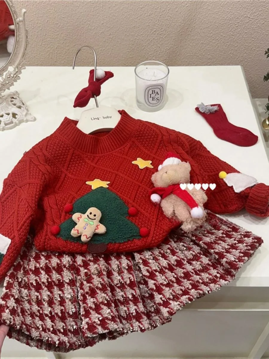 

Теплый вязаный свитер Cisas Red Thiened для девочек, зимний комплект детской одежды