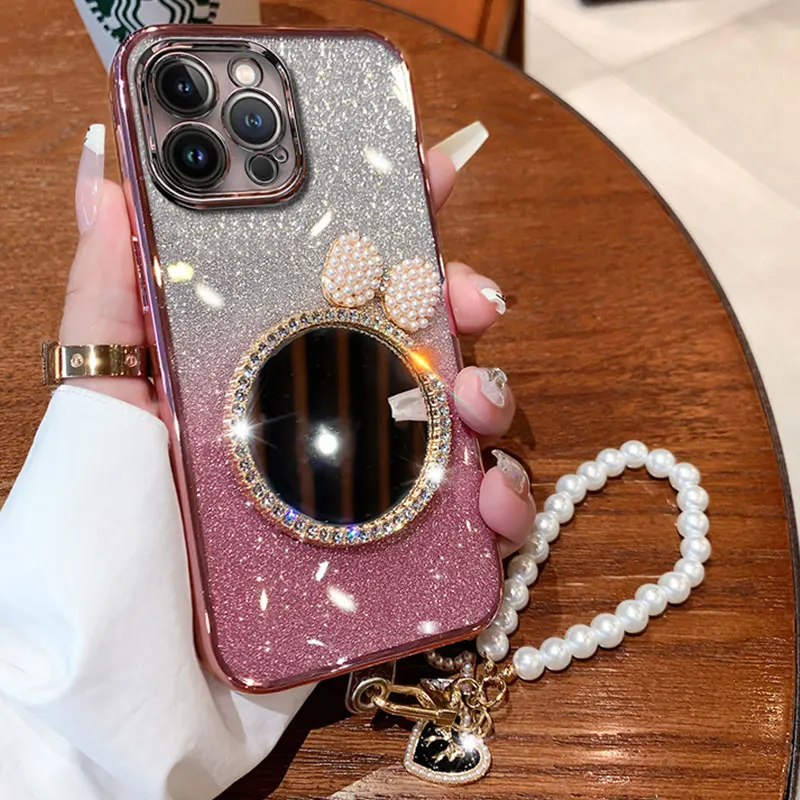 15promax Case with Pearl Lanyard Cover For iphone 15 14 plus 13 12 11 pro max 7 8 X Luxury Bling Glitter Mirror Case iphone15pro image 3
