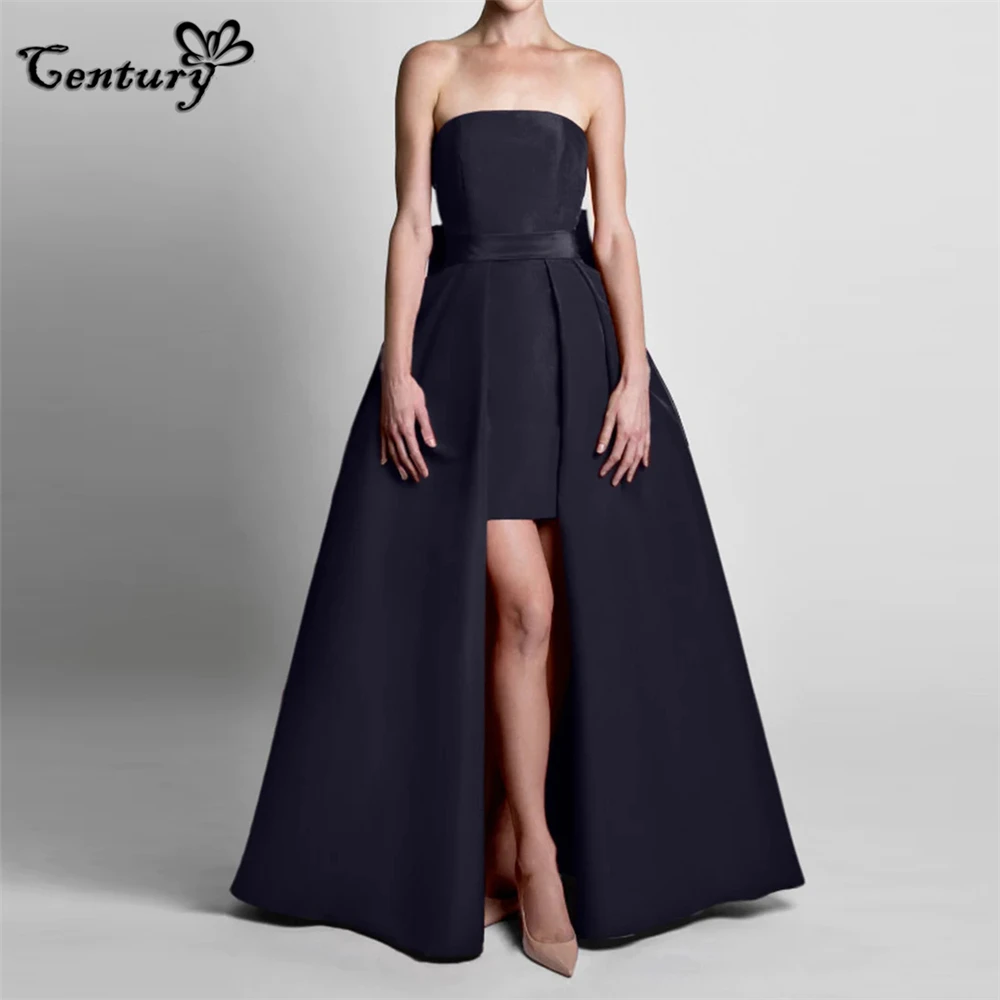 

Black Prom Dress Long Detachable Train Big Bow Satin Evening Party Gowns Formal Occasion Dresses Robe De Soiree Customized