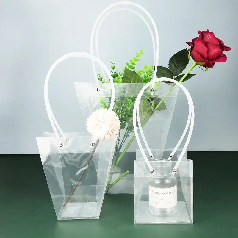 Transparent Trapezoidal Handbag PVC Plastic Waterproof Hand Gift Portable Bag PP Flower Bag Flower Shop Bouquet Gift Package