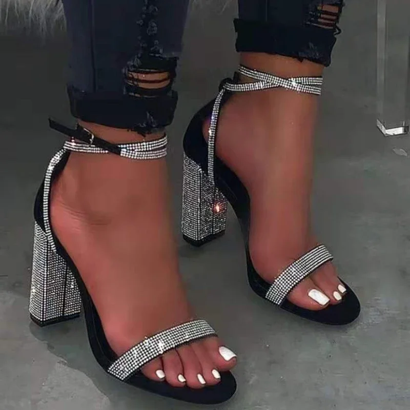 Sandalias de tacón con diamantes de imitación para mujer, zapatos de tacón alto transparentes, Sexy, para fiesta de verano, talla grande 44