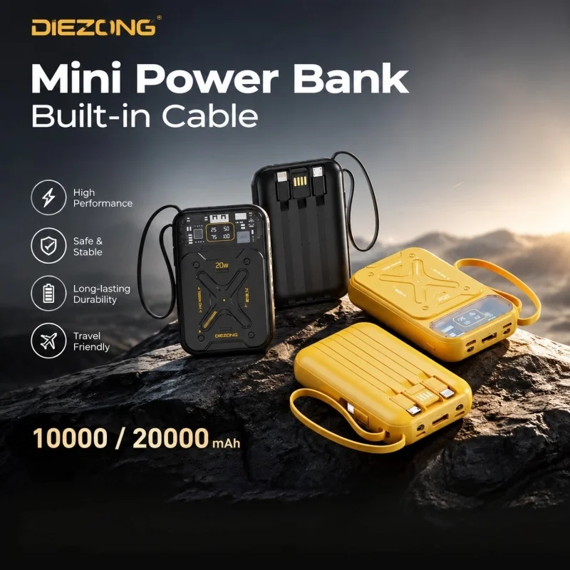 Large Capacity Mech Wind Mobile Power Bank with 20W Fast Charging Built-in Cable Suitable for IPhone Samsung