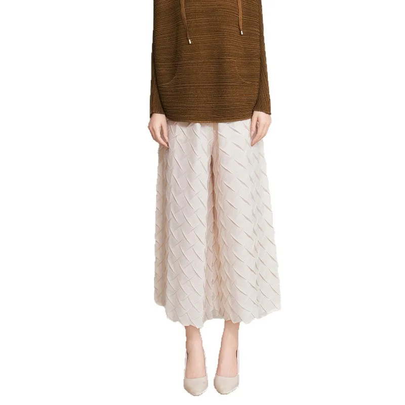 Miyake Pleated Spring and Autumn New 2025 Women's Versatile Elastic Waist Pleated Fashion Nine-minute Wide-legged Trousers