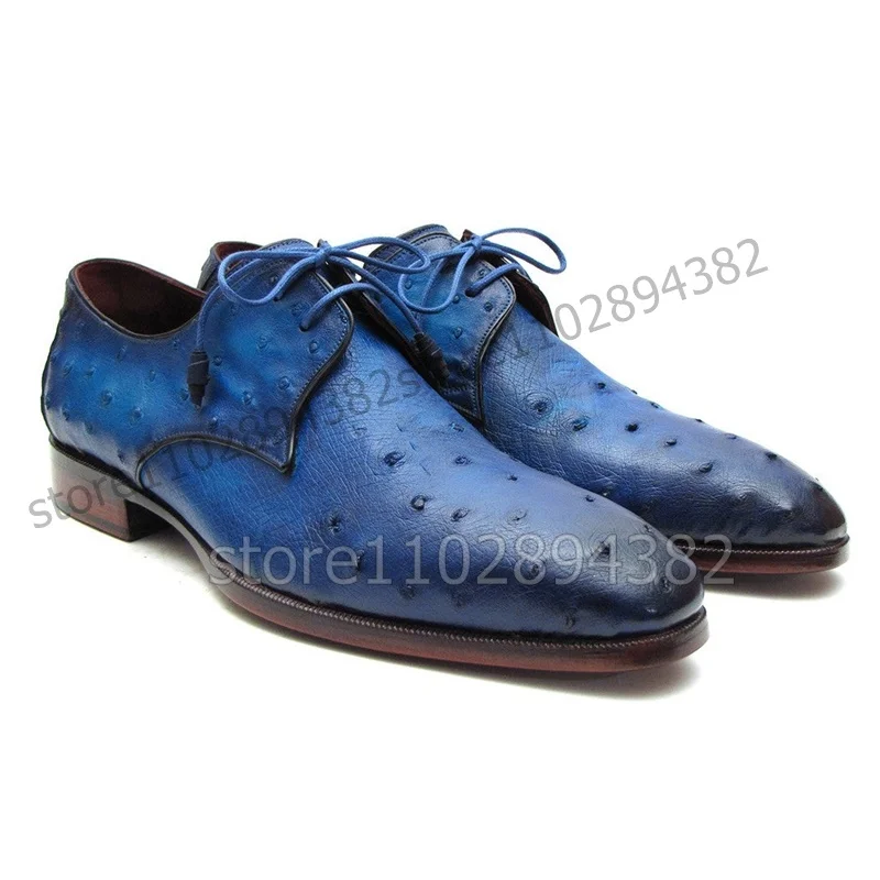 

Blue Gradient Color Ostrich Pattern Men Derby Shoes Fashion Lace up Men Shoes Luxurious Handmade Party Banquet Men Dress Shoes