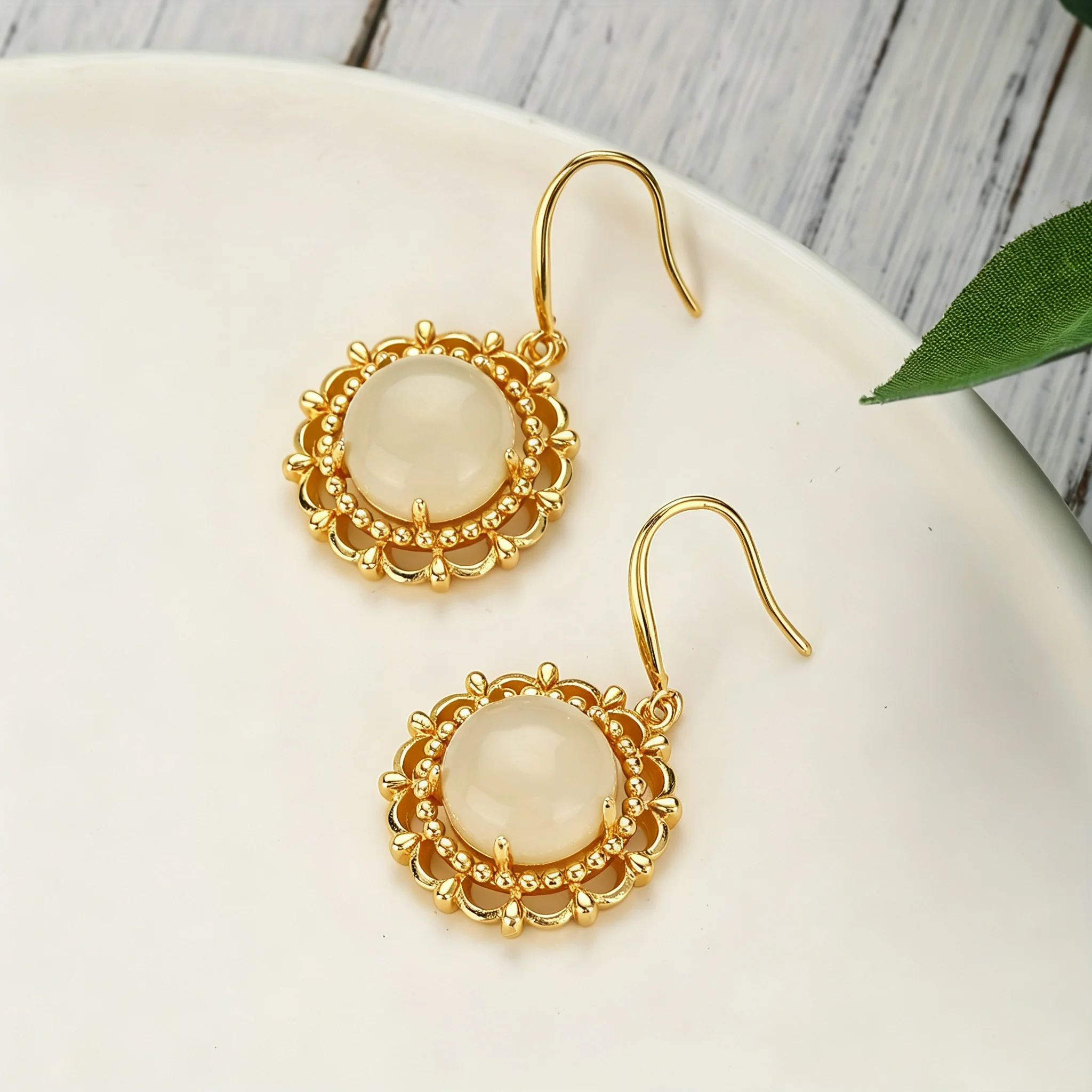 Chinese Style White Stone Dangle Earrings, Golden Hollow Lace Frame Round Natural Stone Drop Ear Jewelry For Ladies