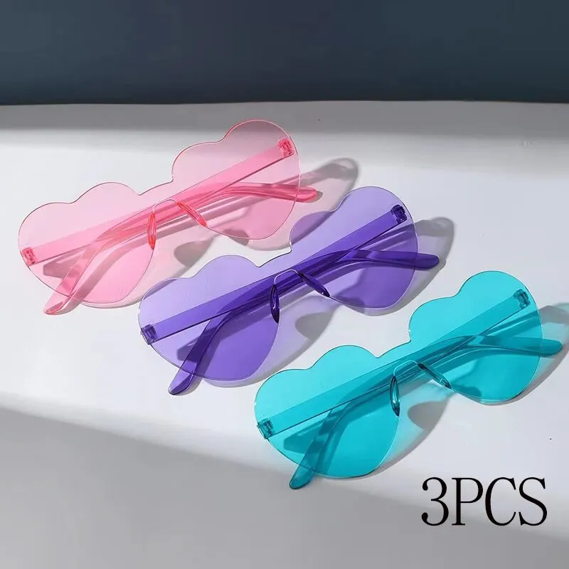 3Pcs Love Heart Shape Sunglasses Jelly Color Frameless Heart Shaped One-piece Glasses Dazzling Color Party Festival Teen Glasses