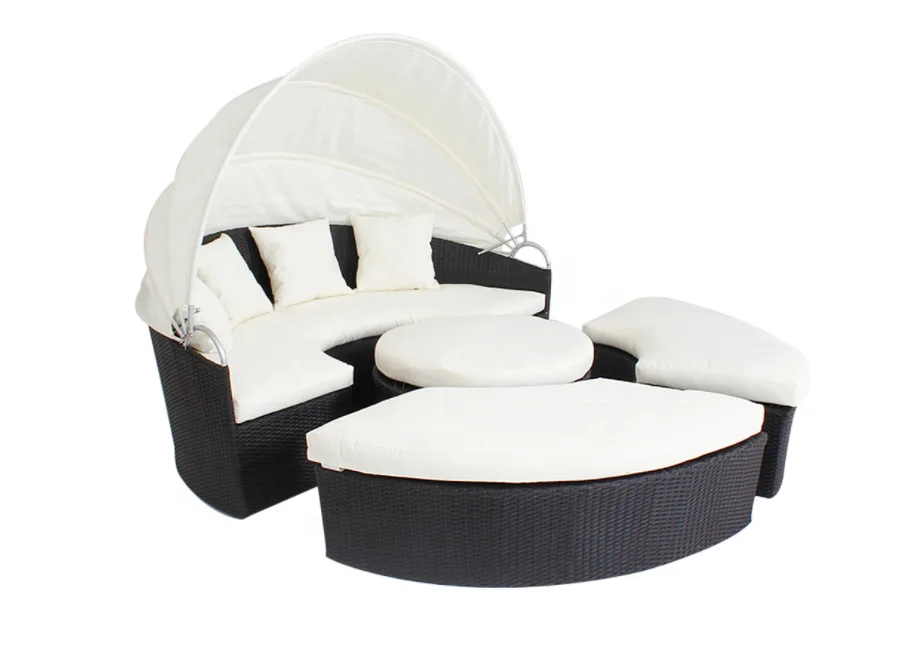 Patio Sectional Round Daybed Rattan Outdoor Sofa Set With Retractable Canopy PE Wicker Bed Furniture With Detachable Cushion