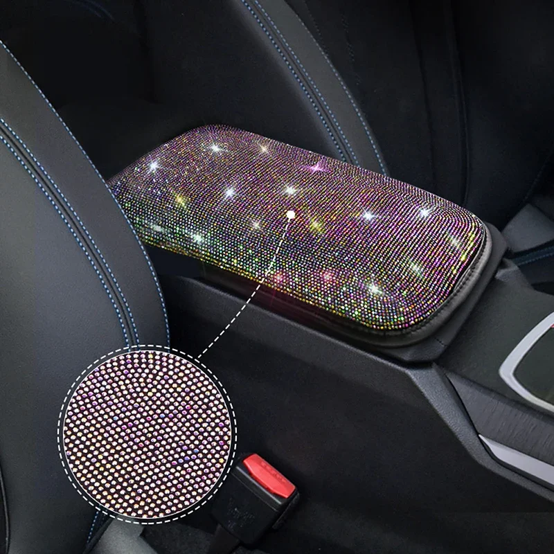 

Crystal Car Armrest Cover Mat Leather Waterproof Non-slip Storage Box Pad Auto Styling Bling Car Accessories Interior For Woman