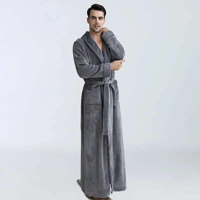 Popular Men\'s Sleeping Robe Autumn and Winter Coral Fleece Bathrobe Solid Color Soft Men\'s Bathrobe Coral Long Home Clothes