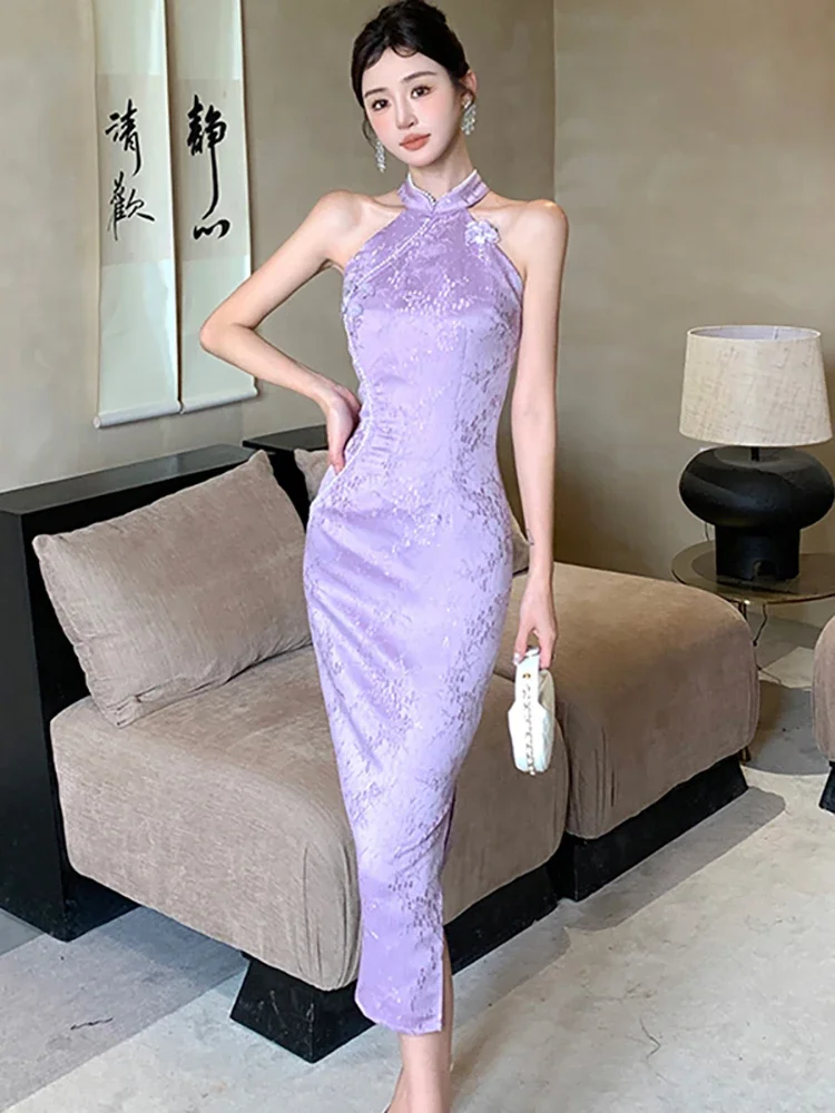 Robe longue de luxe pour femmes, tenue de soirée Chic, col montant, Vintage, coréenne, élégante, violet, Jacquard, diamants, été, 2025