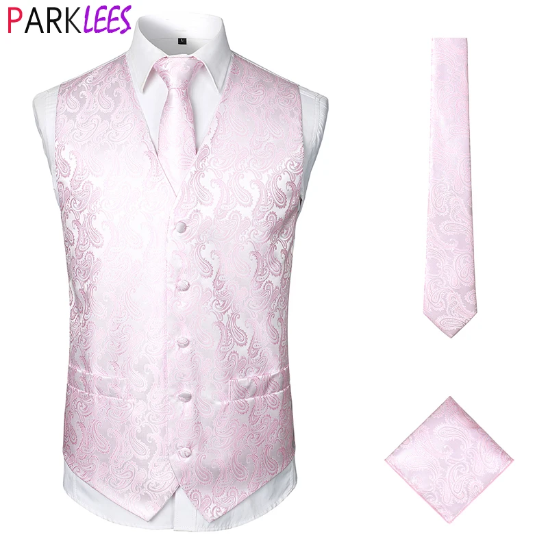 

Luxury Men Pink Paisley Jacquard Vest 3pcs Silk Waistcoat (Vest+Necktie+Pocket Square) Wedding Groom Party Tuxedo Gilet Homme