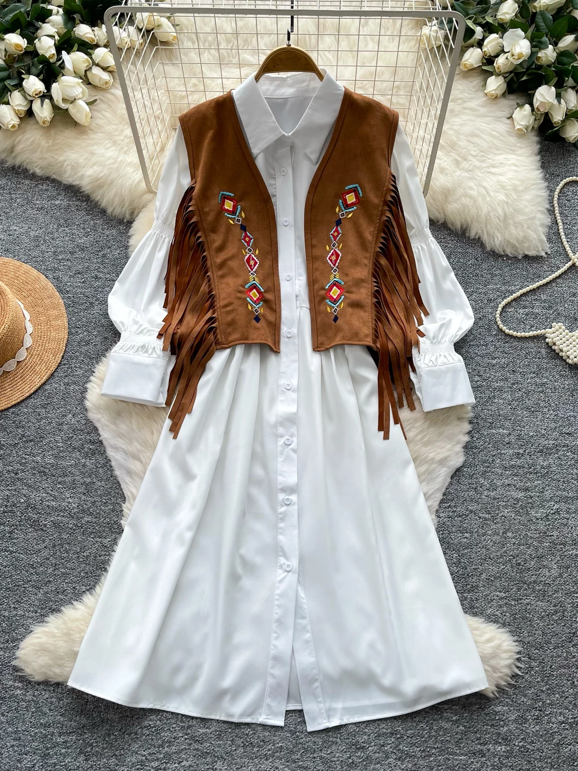 Bohemian Tassel Embroidered Long Sleeve Shirt Dress Two Piece Set Women's Fashion Ensemble 2026 New Arrival Commute Style