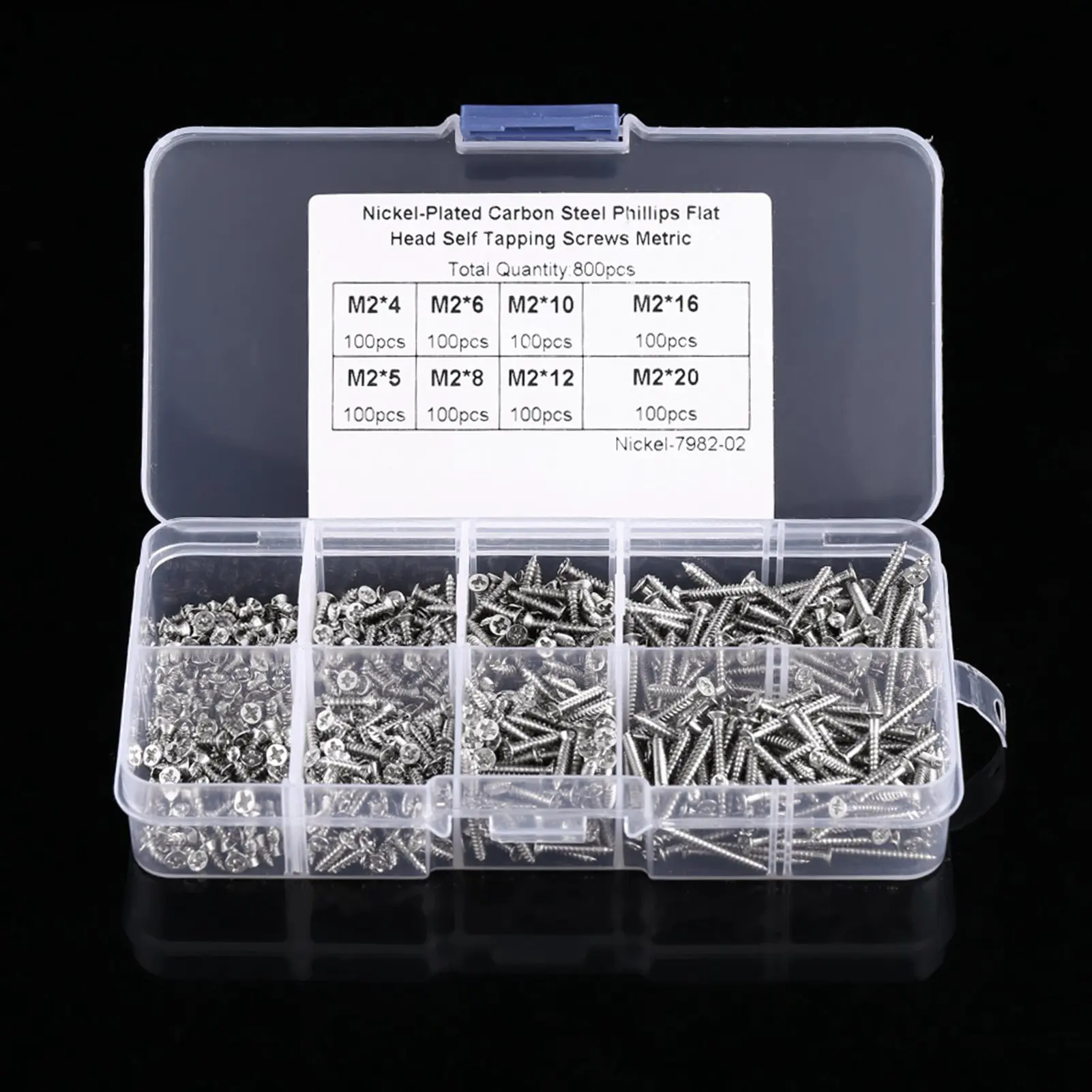 800pcs M2 Cross Drive Flat Head Self‑Tapping Screws Woodworking Fastener with Box