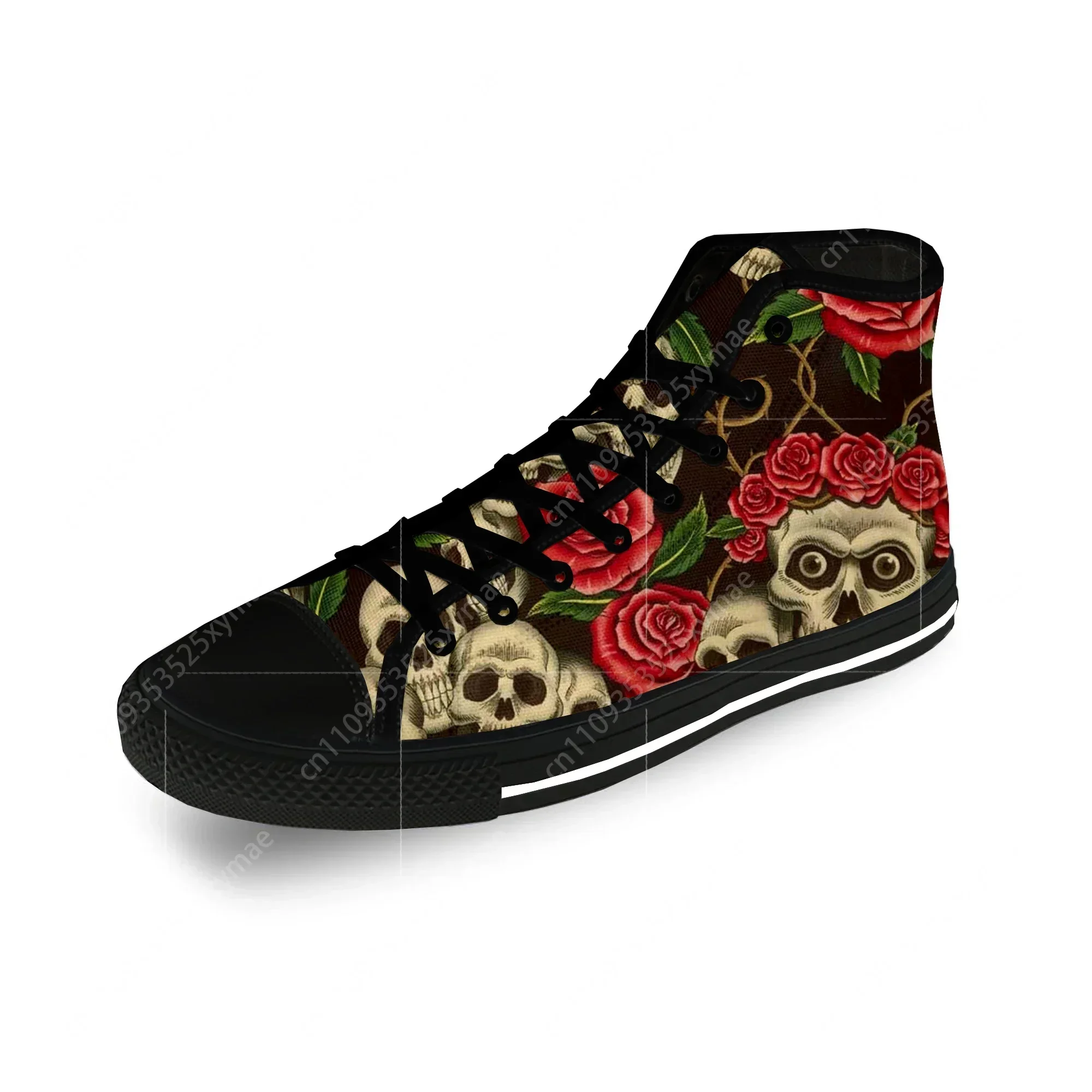 Sugar Skull Rose Flower Hot Funny Casual Cloth Fashion 3D Print High Top Canvas Shoes Men Women Lightweight Breathable Sneakers