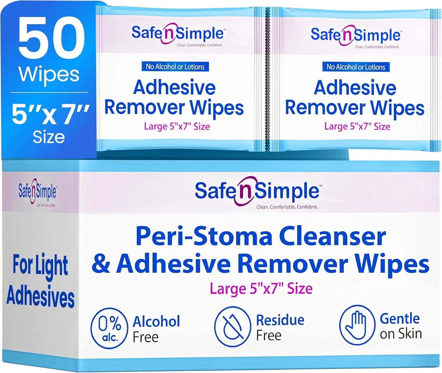 

Gentle Adhesive Remover Wipes for Sensitive Skin - 5"x7", 50 Count, Alcohol-Free, No Sting