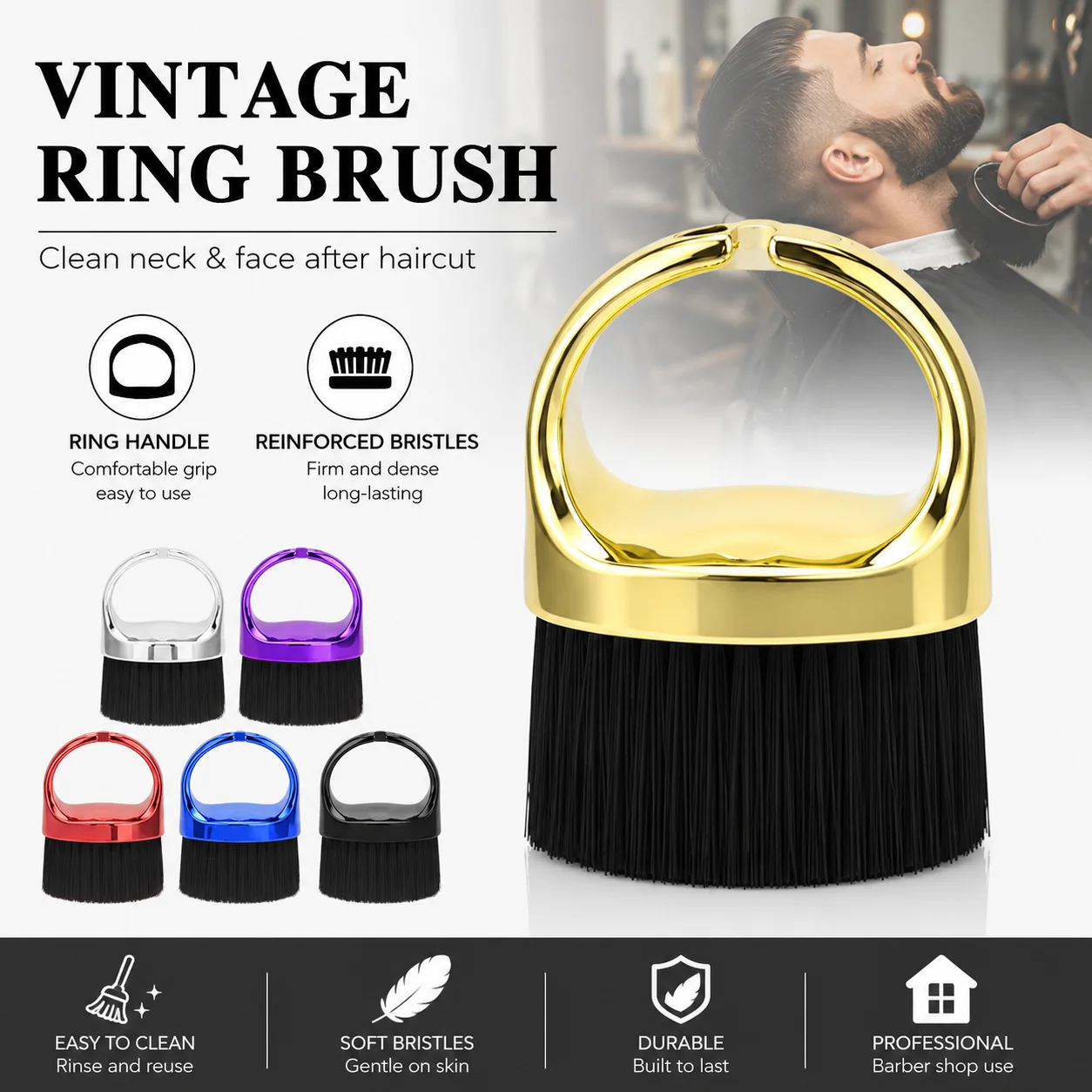 Professional Plating Barber Finger Brush Neck Duster - Nylon Bristles Hair Cutting Dust Remover Tool for Styling Salon