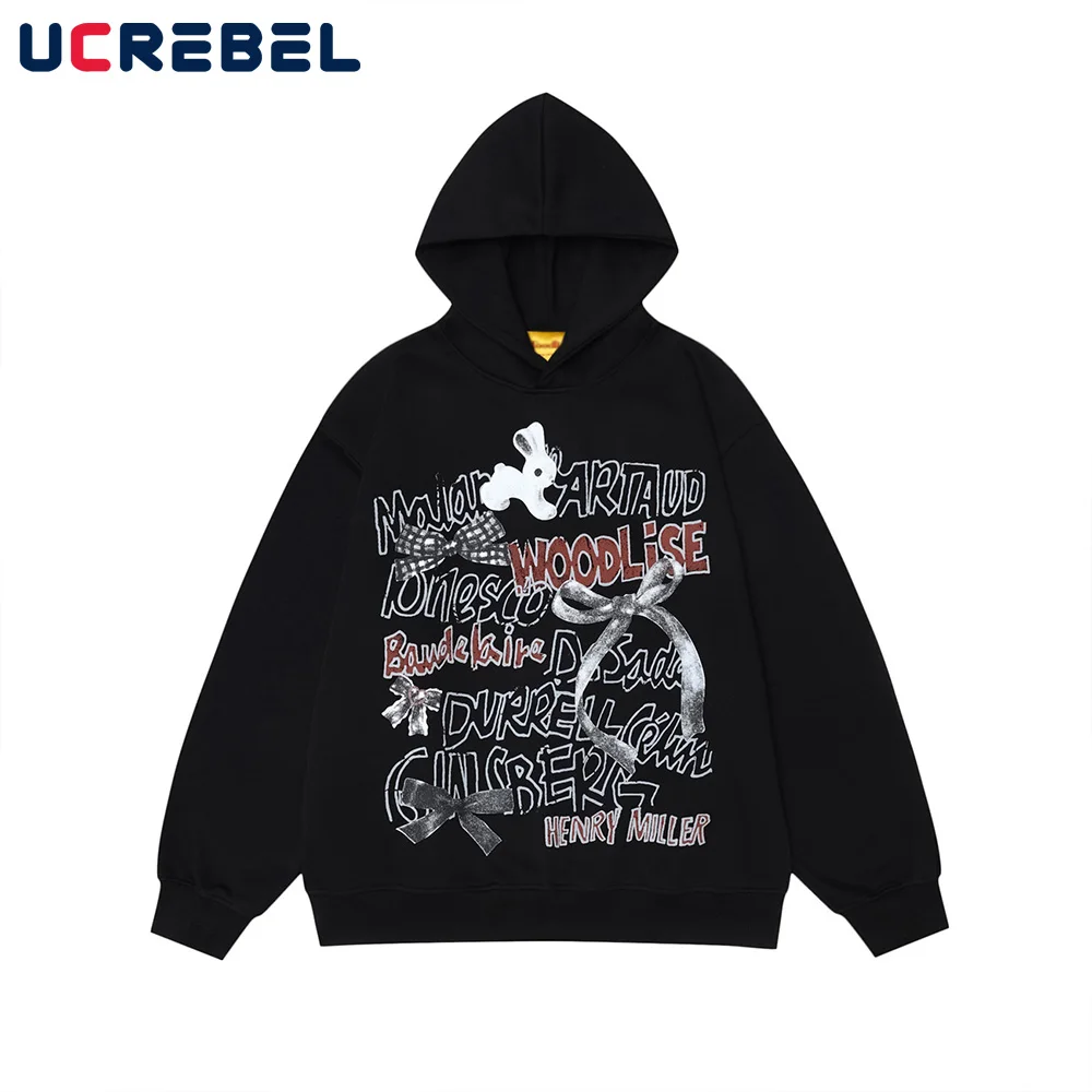 

BOWS Letter Print Hooded Sweatshirts Mens Y2k High Street Autumn Drop Shoulder Long Sleeve Loose Hoodies Men