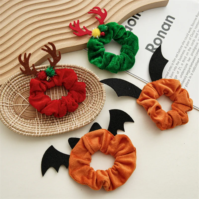 1Pc Halloween Christmas Bat Antler Scrunchies, Funny Velvet Hair Ties for Women, Festival Costume Headwear