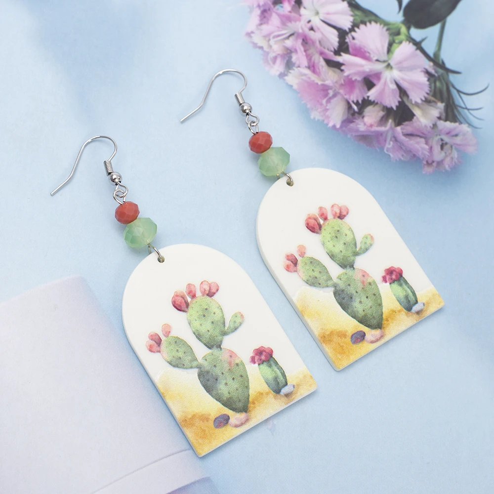 Fashion Desert Green Cactus Relievo Printing White Arch Acrylic Dangle Earrings Trendy For Women Vacation Style Girls Jewelry