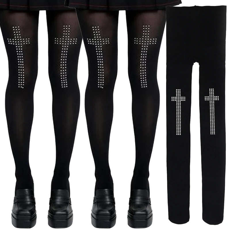 

Punk Gothic Cross Tights Stockings Women Y2K Retro Black Silk Sexy Tight Legging Elastic Hip Hop Street Casual Cosplay Pantyhose