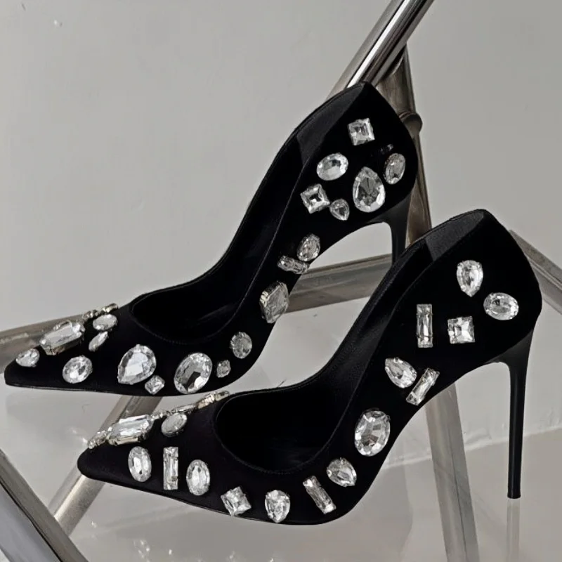 Women's Black Satin Stiletto Heels Oversized Crystal Embellishments Pumps Sharp Pointed Toe Luxurious Ladies Wedding Single Shoe