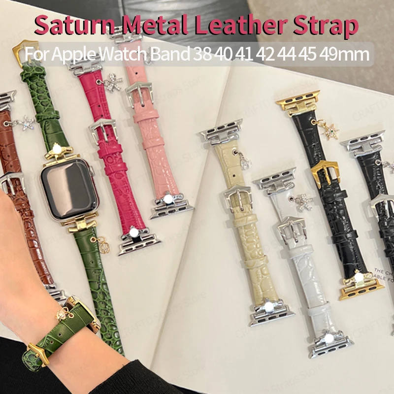 

Saturn Metal Leather Strap for Apple Watch Band 9 8 7 41mm 45mm 49 Women Bracelet for IWatch SE 6 5 4 3 40mm 44mm 38 Bow Pendant