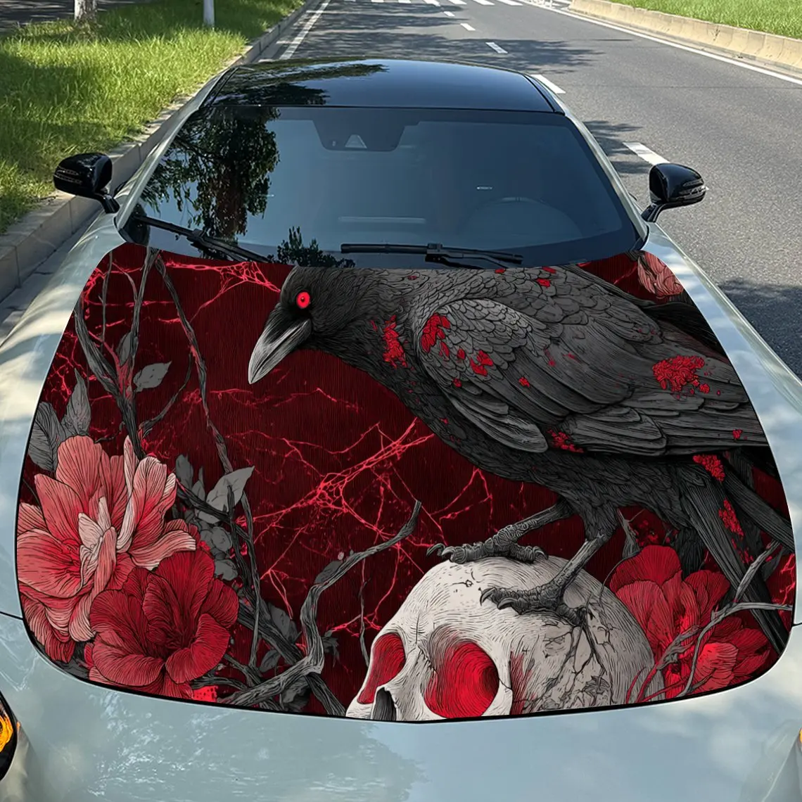 

Gothic Raven Skull Flower Wonder PVC Car Engine Hood Vinyl Wraps, Self-Adhesive Waterproof Car Hood Decal Sticker, Car Decoratio