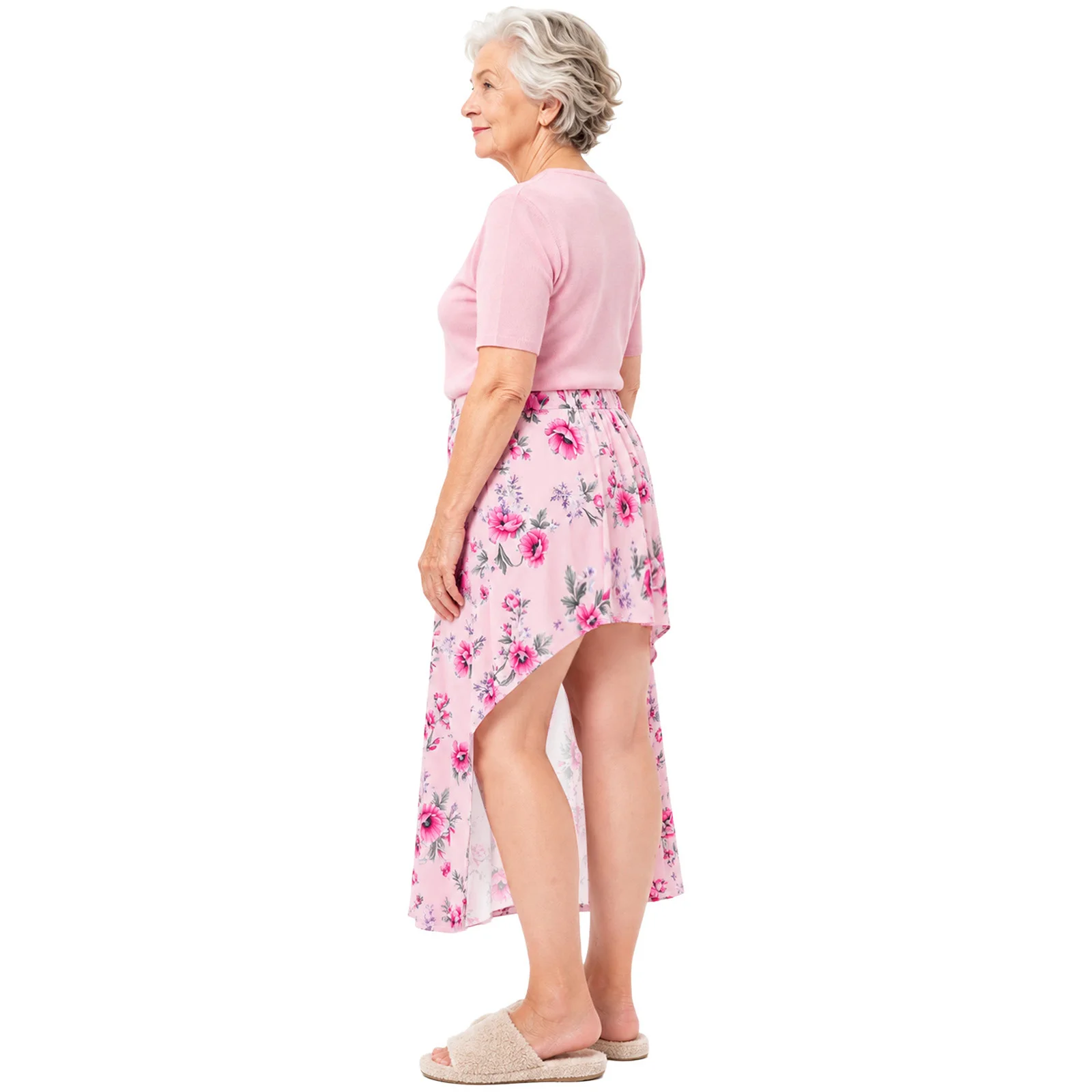Women Elderly Adaptive Wrap Asymmetrical Skirts Loose Lingerie Back Press Buttoned Side Floral Skirts for Wheelchair Elderly