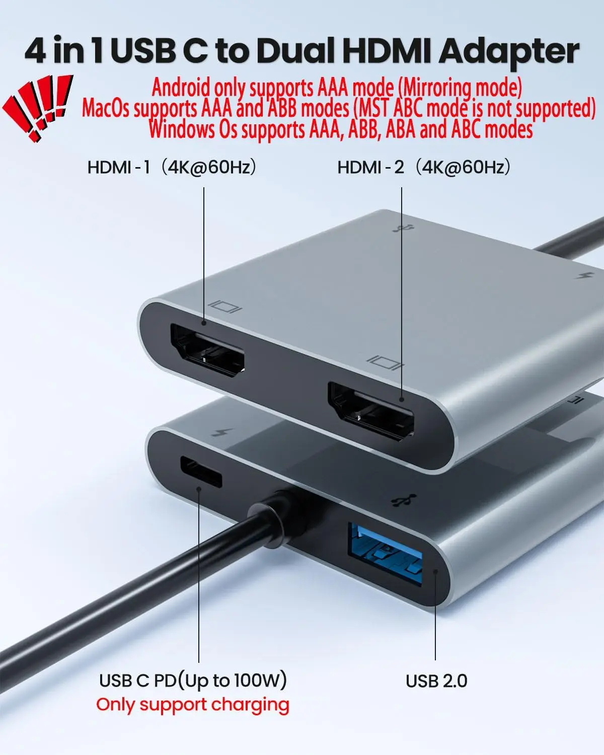 محول USB C إلى HDMI مزدوج، محول USB من النوع C إلى شاشة HDMI مزدوجة 4K@60HZ HDTV Splitter لجهاز MacBook Chromebook