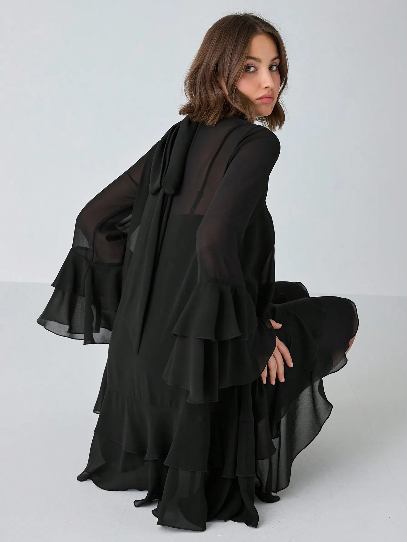 

Black Chiffon Ruffle Long Sleeve Dress for Romantic Parties & Weddings