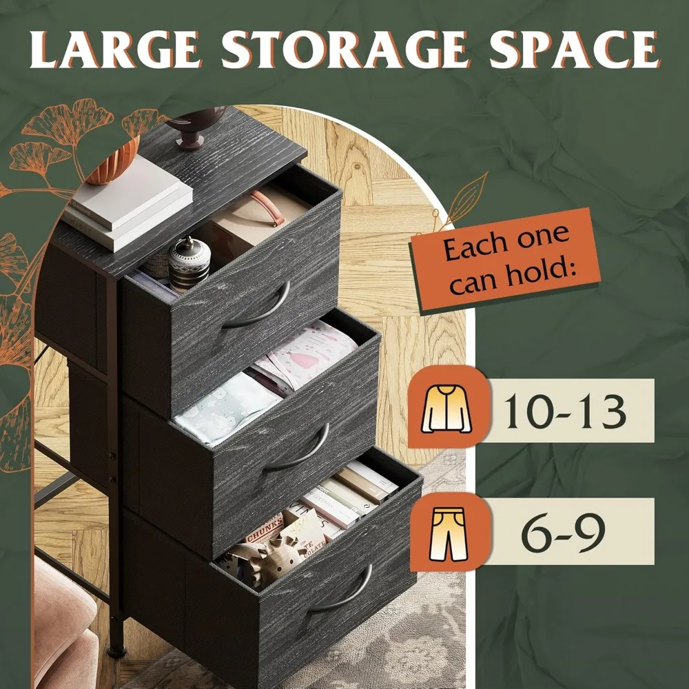 Nightstand with 3 Drawers, Fabric Dresser, Organizer Unit, Storage Dresser for Bedroom, Hallway, Entryway, Closets, Steel