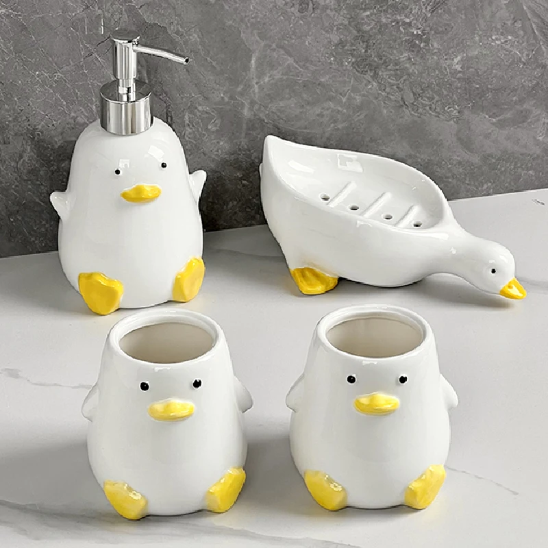 Cute Duck Soap Bottle Gargle Cup Storage Jar Ceramic Bathroom Supplies Household Toothbrush Cup Bathroom Decoration Accessories