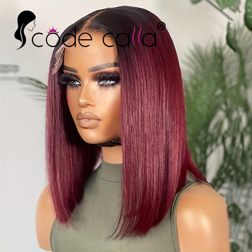 

13x4 99J Short Bob Wig Human Hair Dark Red Burgundy Color Full Frontal Bob Wigs Blunt Cut Bone Straight Front For Black Woman