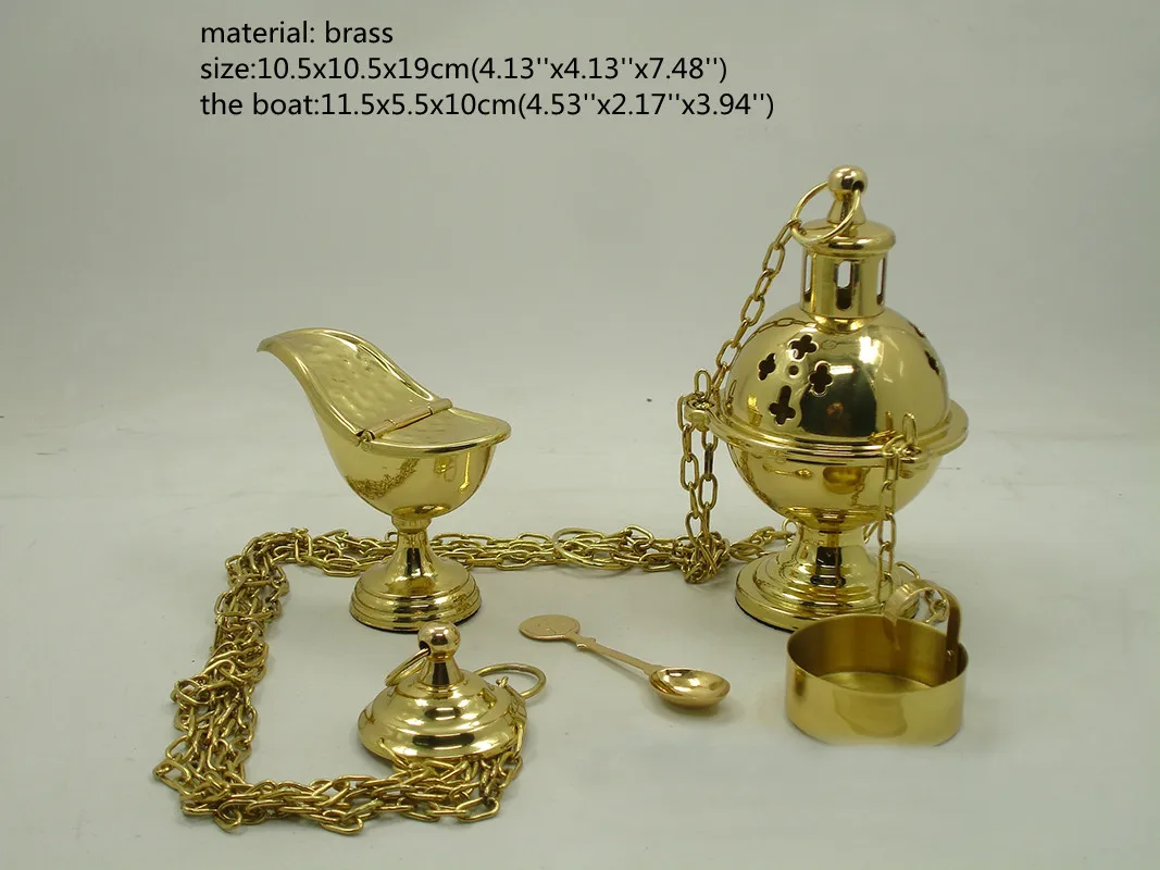 Catholic Hanging Incense Burner Set with Chain and Boat Spoon Brass Censer, Jesus Christian Religious Supplies