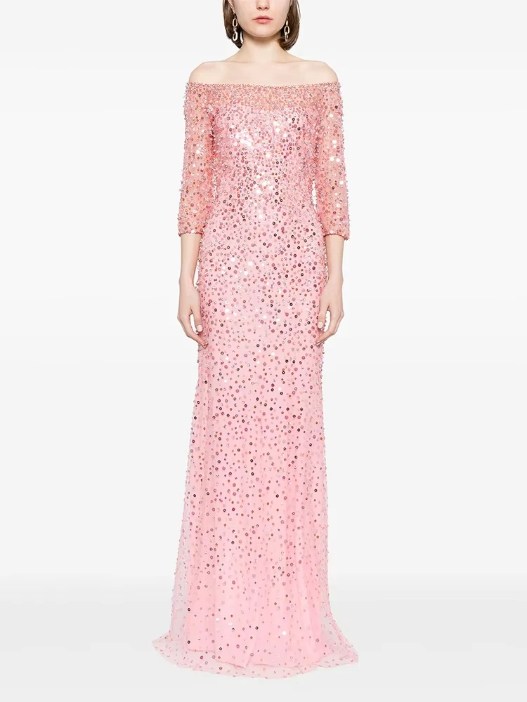 

HIGH STREET Newest 2025 Elegant Designer Fashion Women's Slash Neck Beaded sequined Gauze Long Maxi Party Dress пиджак ж