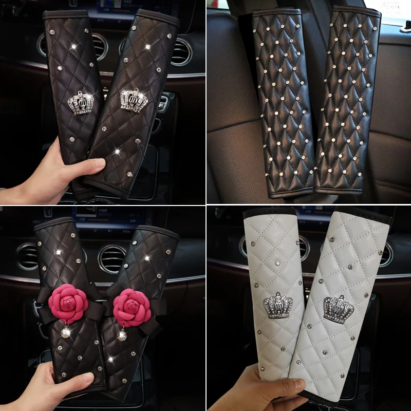 2pcs Universal Crystal Crown PU Leather Car Seat Belt Cover Diamond Shoulder Pad Car Styling Seatbelts Pad Car Accessories