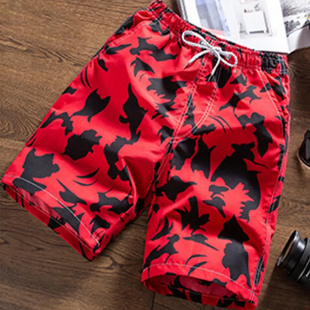 Summer Swimwear Men Swimsuit Elastic Waist Drawstring Pockets Male Shorts Feather Print Men Board Casual Shorts Swimming Trunks