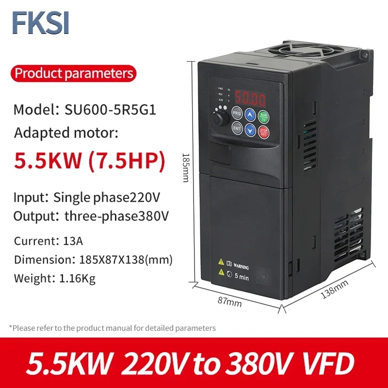 VFD SU600 5.5kW 220V Single Phase Input 380V Three Phase Output Adjustable Speed Drive Frequency Converter