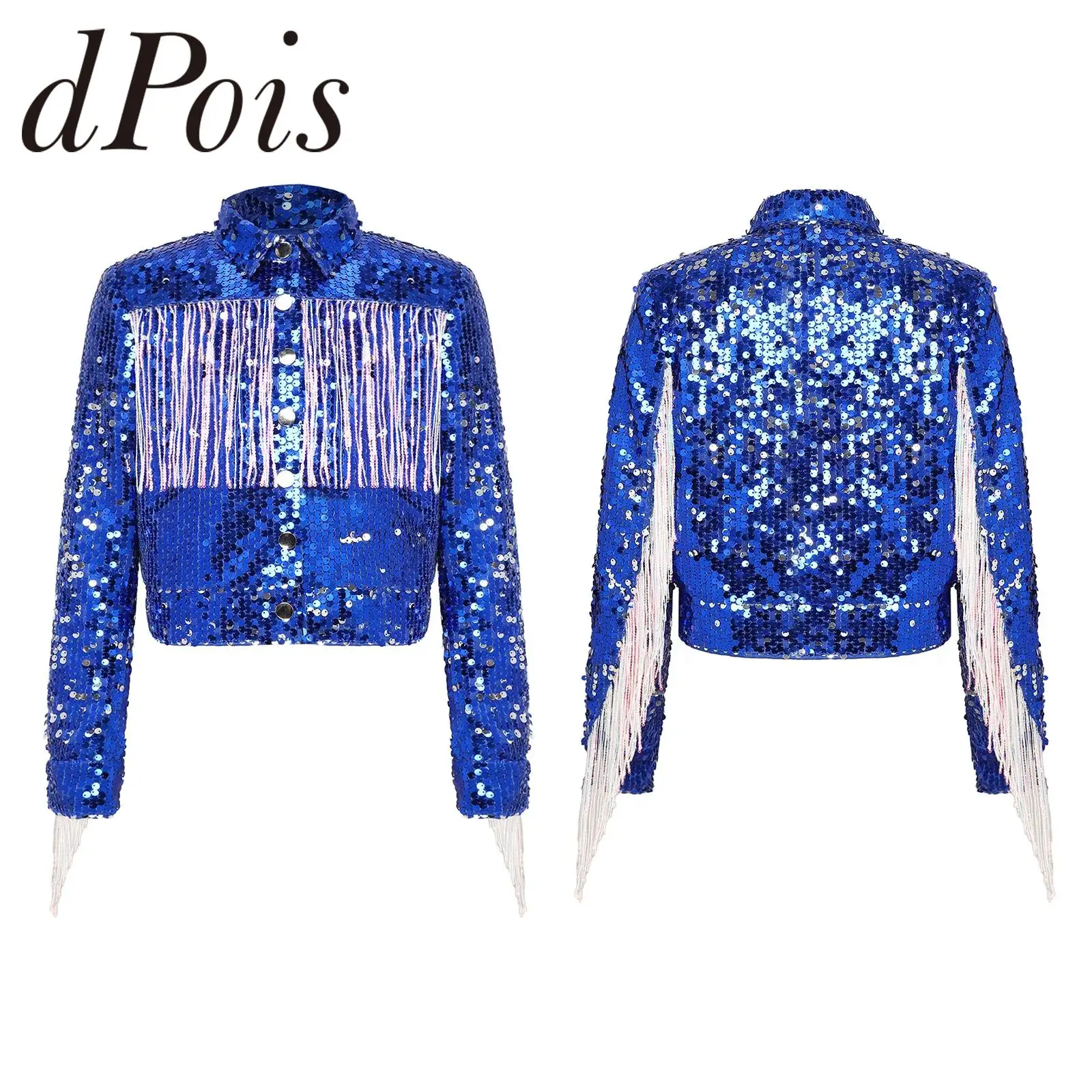 

Kids Girls Shiny Jazz Dance Costume Sequin Fringed Jacket Children Lapel Tassel Jackets Sparkly Outerwear Party 70s Disco Outfit