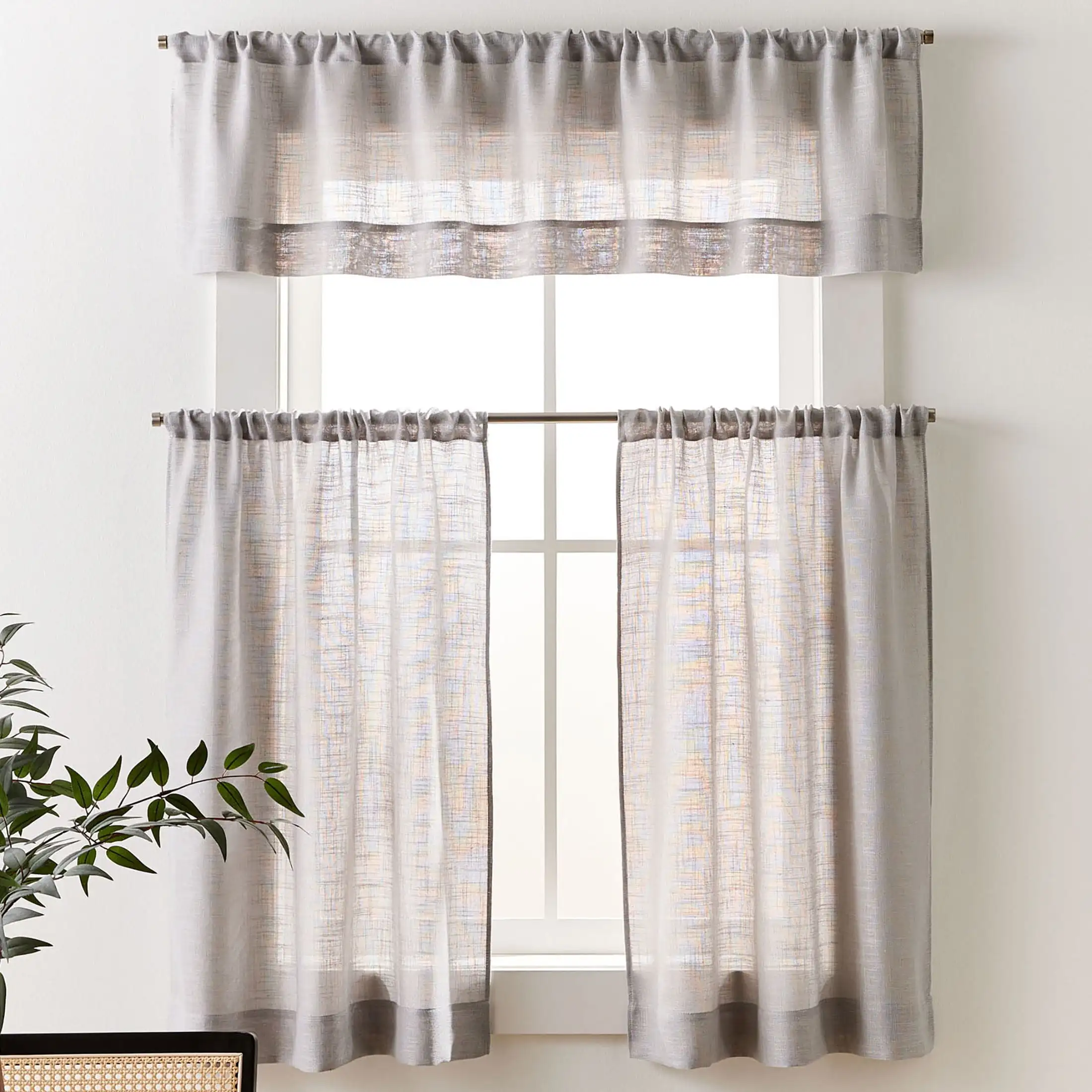 

(2 pack) Linen Blend Light Filtering Rod Pocket Kitchen Curtain Tiers and Valance, Set of 3, Soft Silver, 60 W x 36 L
