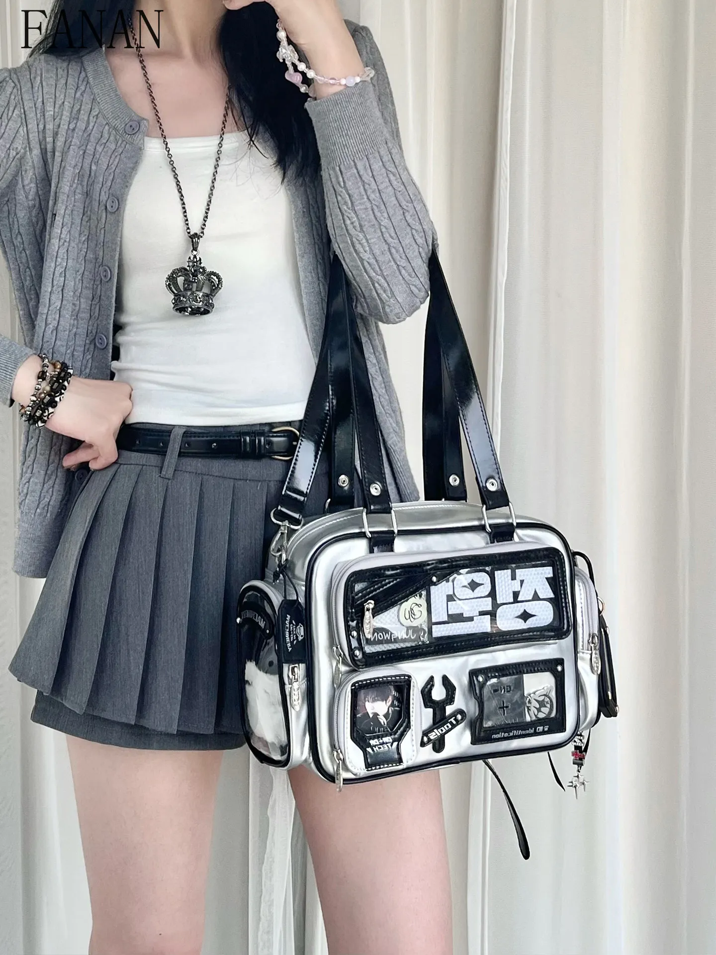 

Y2K Punk Style Multi-Layer Girls Casual Handbags Transparent Pocket Crossbody Bag Volume Shoulder Crossbody Bag for Women