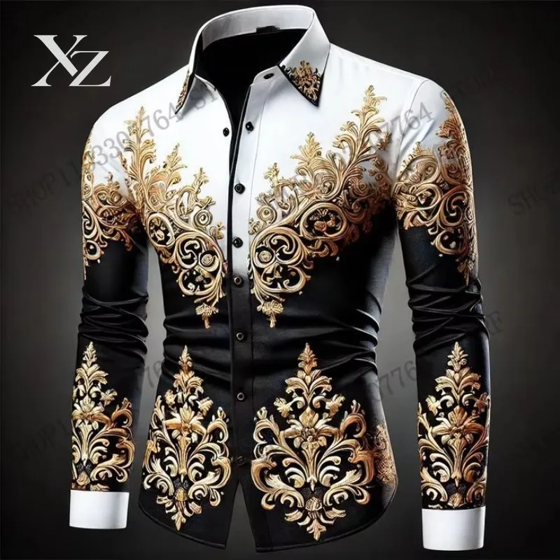 Hot Sale Premium Men Women Golden Floral Pattern 3D Print Long Sleeve Button Up Hawaiian Shirt Vintage Delicate Evening Fashion