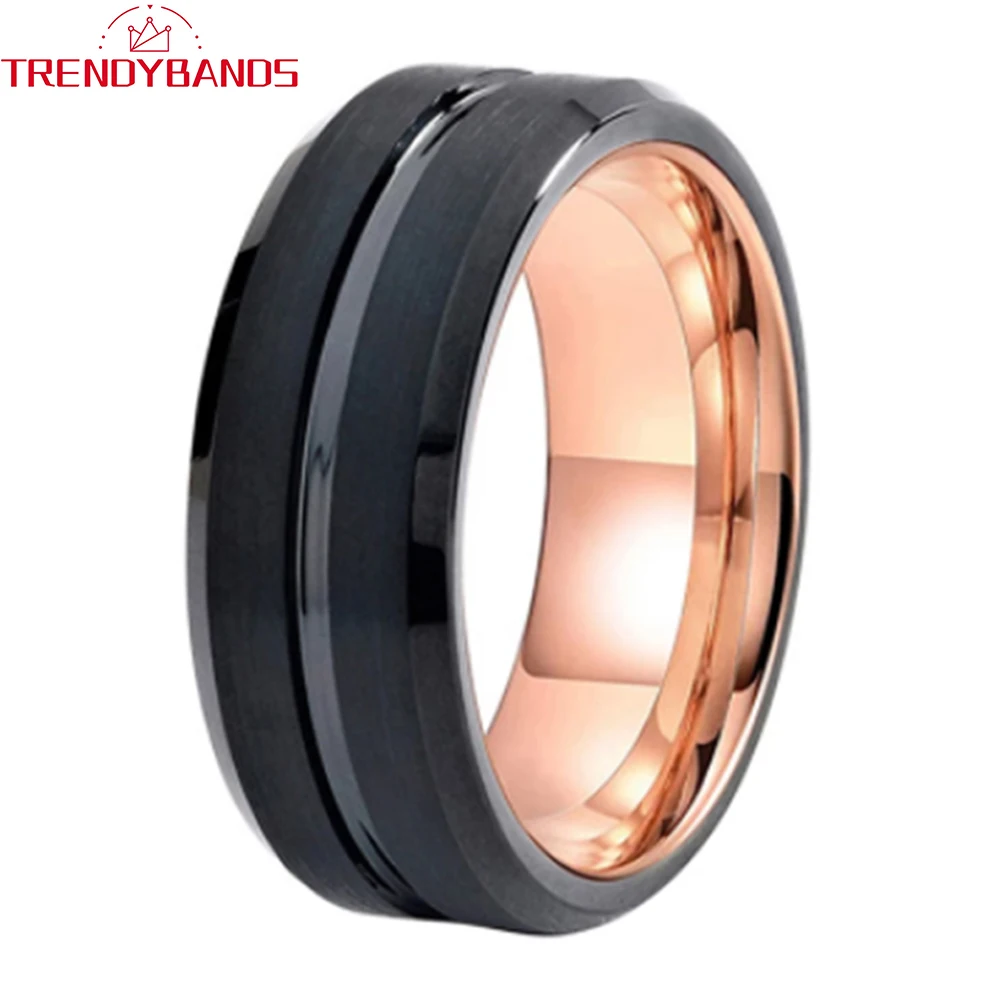 

8mm Black Tungsten Wedding Ring Center Grooved for Men Women Two Tone Fashion Jewelry Brushed Finish Comfort Fit