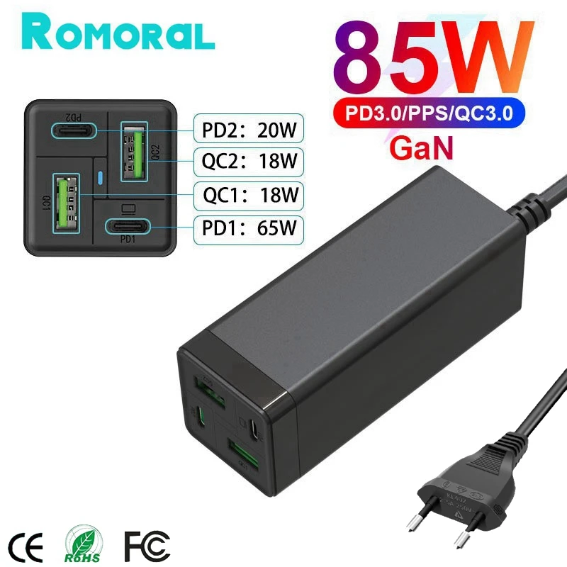 

65W GaN Desktop Fast Charger 4-Port 85W USB C Power Adapter PD 65W PPS 45W 20W QC3.0 for Laptops MacBook iPad Samsung iPhone