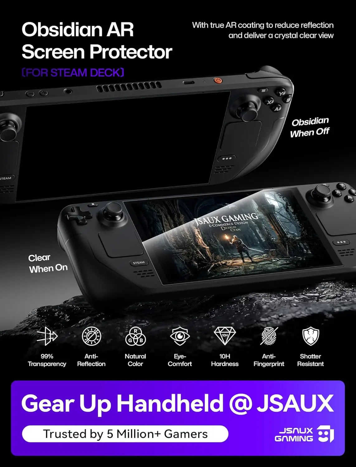 Obsidian AR Screen Protector for Steam Deck, 2-Pack Anti-Reflection & Ultra Clear Tempered Glass for Steam Deck LCD&OLED, GP0127