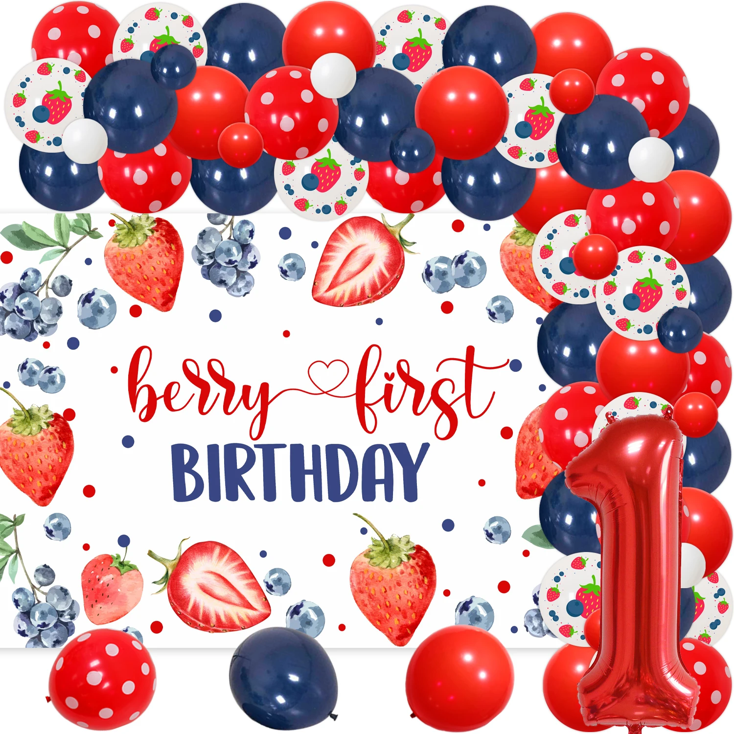 Strawberry Blueberry First 1st Birthday Background Cloth Balloon Chain Happy Birthday Background Cloth Red Number 1 Foil Balloon