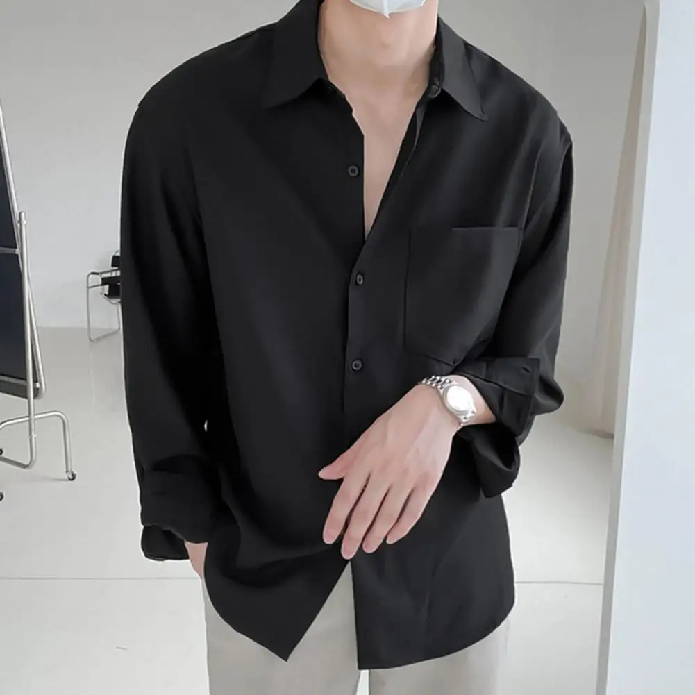 2022 Spring Autumn Top Korean Style Loose-fit Long Sleeve Shirt Men's Trendy Draped No-iron Solid Color Underwear