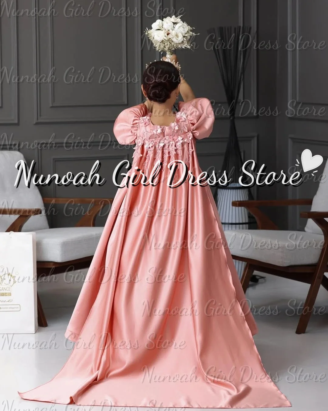 فساتين فتاة الزهور من الساتان الوردي لحفلات الزفاف مزينة بالدانتيل بطول الأرض لالتقاط الصور فساتين التواصل الأول حسب الطلب