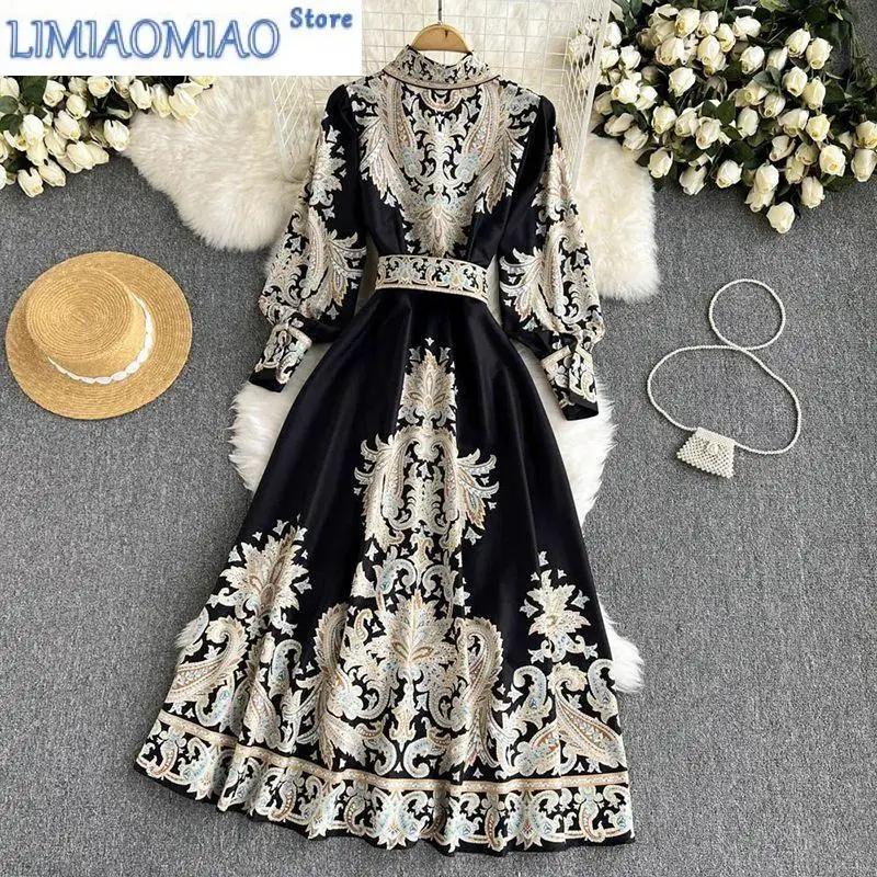 New Paisley Printing Vintage Turn-Down Collar Lantern Sleeve With Belt Women's Dress Korean Fashion Mid-Calf- Dresses For Women
