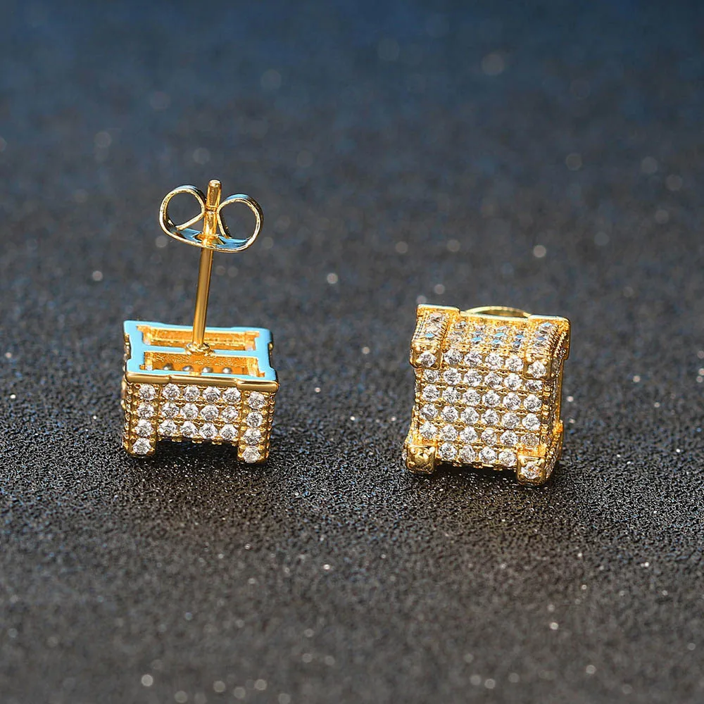Luxury Stud Earrings For Women Iced Out AAA+ Cubic Zirconia Hip Hop Men Piercings Ear Ring Gold Color Jewellery Wholesale OHE013